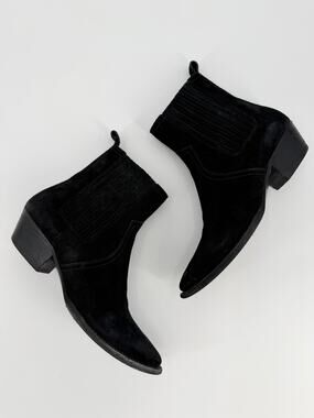 Saint Laurent Wyatt Chelsea Boots Suede Black Heel Pull Tab Shoes 38.5 8